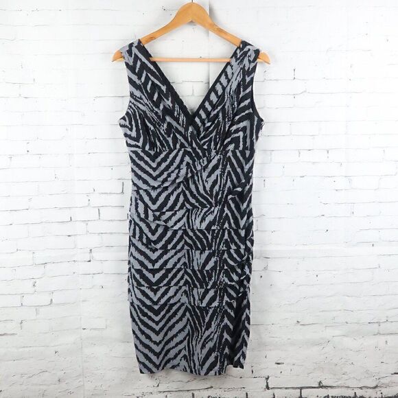 INTERMISSION BLACK & GREY ZEBRA STRIPE V NECK SLEEVELESS MIDI DRESS SIZE 8 - Picture 1 of 6